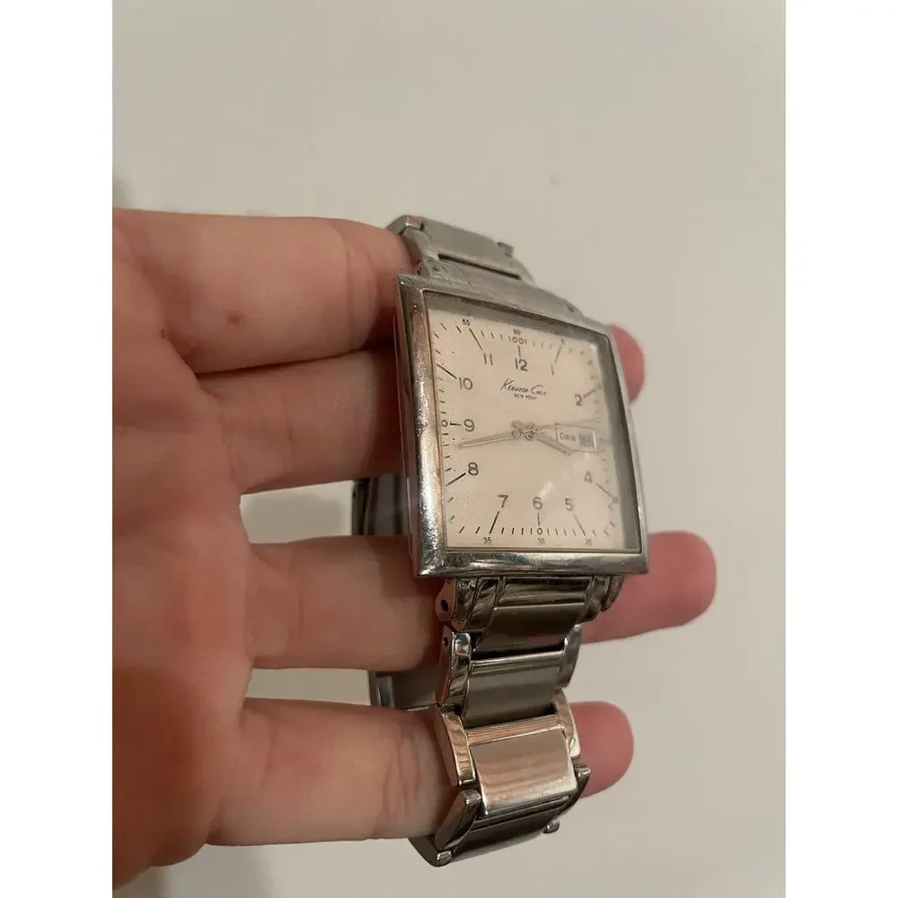Kenneth Cole Men's Square Shape Silver Black Strap Dress Watch-‎ Needs New Batte